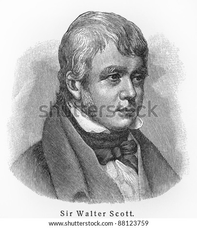 Sir Walter Scott - Picture from Meyers Lexicon books written in German language. Collection of 21 volumes published  between 1905 and 1909.