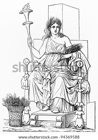 Vintage drawing of Demeter, Goddess of Earth, agriculture  and forests in Greek Mythology - Picture from Meyers Lexicon books collection (written in German language ) published in 1908 , Germany.