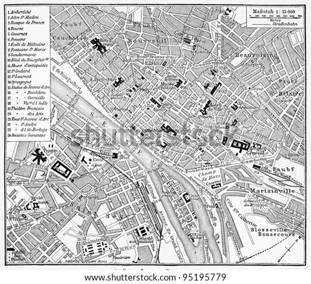 Vintage map of  Rouen ( France) at the end of 19th century - Picture from Meyers Lexicon books collection (written in German language ) published in 1909 , Germany.