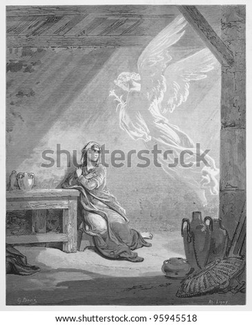 The Annunciation - Picture from The Holy Scriptures, Old and New Testaments books collection published in 1885, Stuttgart-Germany. Drawings by Gustave Dore.