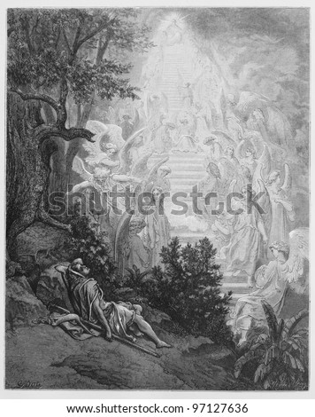 Jacob\'s dream - Picture from The Holy Scriptures, Old and New Testaments books collection published in 1885, Stuttgart-Germany. Drawings by Gustave Dore.