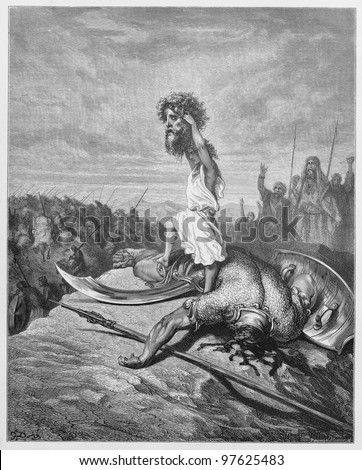 David slays Goliath - Picture from The Holy Scriptures, Old and New Testaments books collection published in 1885, Stuttgart-Germany. Drawings by Gustave Dore.