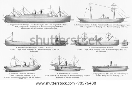 Vintage drawing of ships types from the 19th century - Picture from Meyers Lexicon books collection (written in German language) published in 1906, Germany.
