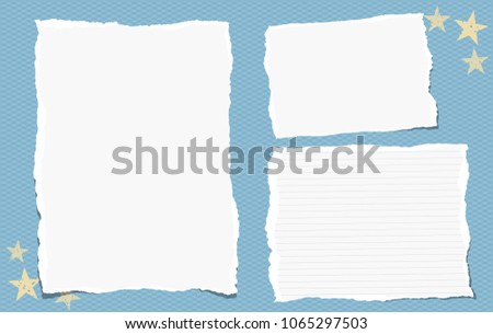 Torn blank and lined note, notebook paper pieces for text stuck on blue square background. Vector illustration.