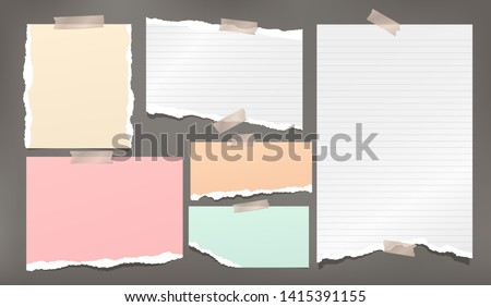 Ripped white and colorful note, notebook paper strips stuck wiht sticky tape on dark grey background. Vector illustration