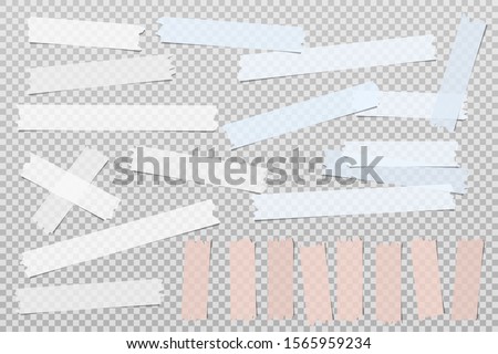 Colorful, white adhesive, sticky, masking, duct tape strips for text are on squared gray background. Vector illustration