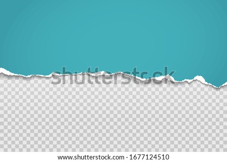 Torn, ripped piece of horizontal blue paper with soft shadow is on squared grey background for text. Vector illustration
