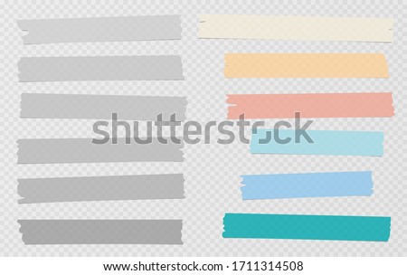Grey and colorful different size adhesive, sticky, masking, duct tape, paper pieces are on white squared background
