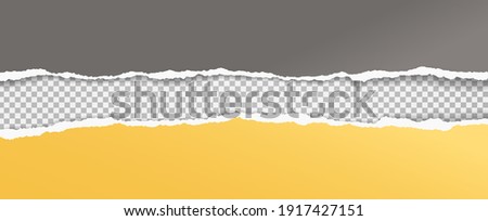 Torn, ripped yellow and dark grey paper strips with soft shadow are on squared background for text. Vector illustration