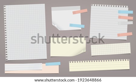 Set of lined white, yellow note, notebook paper pieces stuck with sticky tape on brown background. Vector illustration