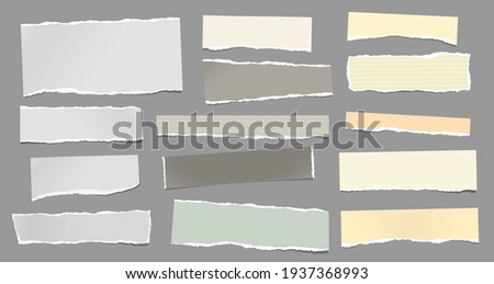 White, yellow torn note, notebook paper pieces are on dark grey background for text, advertising or design. Vector illustration