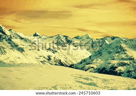 Winter snow covered Alpine mountain. Place for skiing, winter sport.