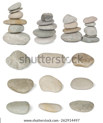 Set of pile stones from the river are isolated on white background