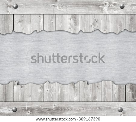 Composition of metal aluminum plaque, name plate and wooden wall planks