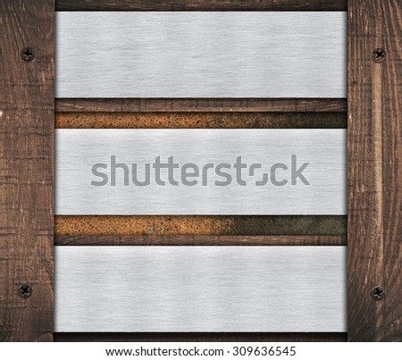 Composition of metal aluminum plaque, name plate and old wooden wall planks