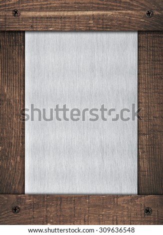 Composition of metal aluminum plaque, name plate and old wooden wall planks