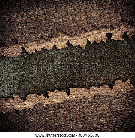 Composition of rusty metal plaque with copy space, name plate and old wooden planks