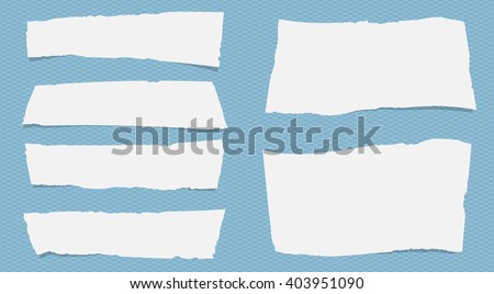 Pieces of torn white note paper with copy space are stuck on squared blue pattern