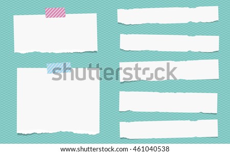 Pieces of torn white note paper are stuck on squared turquoise pattern