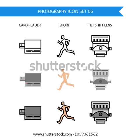 Photography Icon Set.Card reader,run,sport,tilt shift lens.