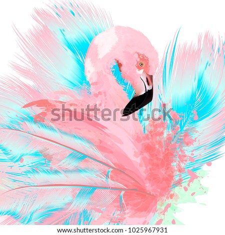 Beautiful vector illustration with drawn pink flamingo and blue feathers