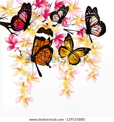 Floral spring background with gardenia flowers and butterflies
