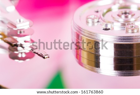 Hard drive pink and green mirror surface with reading writing head