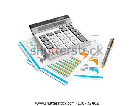 3d illustration: calculator, pen and papers. Accounting analysis of statistics