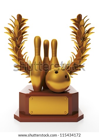 3d illustration: Awarding the highest reward. Bowling ball and skittles and Cup Gold