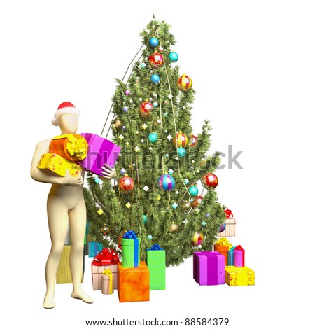 person gives a gift at Christmas tree on a white background