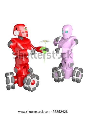 The red robot gives the robot a pink flower