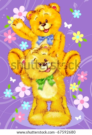 Two cute Teddy bears hugging by Freehand drawing. - stock photo