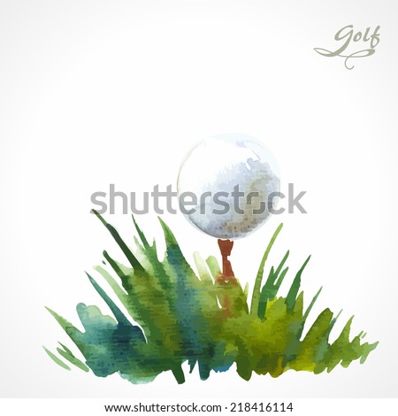Watercolor poster with the inscription golf. A simple solution for your decor and design. Green grass with ball.