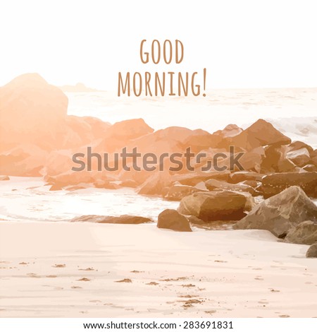 Vector illustration of a beach landscape. Summer sunrise on the beach. Morning landscape with coastal cliffs. Good morning.