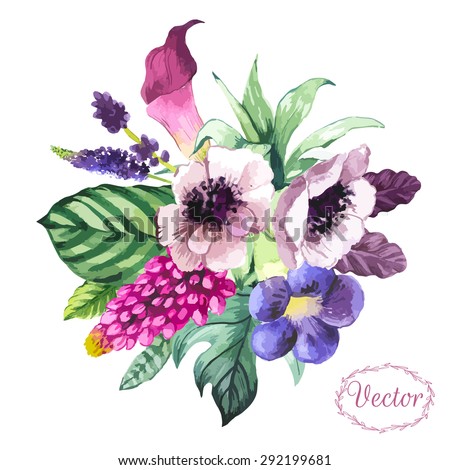 Vector illustration with watercolor flowers. Beautiful bouquet tropical flowers and plants on white background. with calla lily, anenone and leaves.