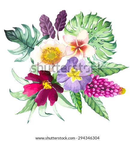 Vector illustration with watercolor flowers. Beautiful bouquet tropical plants on white background. 