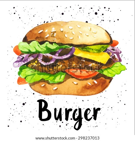 Vector illustration with watercolor food. Poster with hand-drawn sketch of burger. Fastfood. American style.