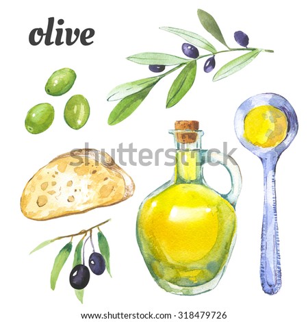 Olives and bottle of olive oil. Mediterranean food. Watercolor illustration of a painting technique with watercolor food.