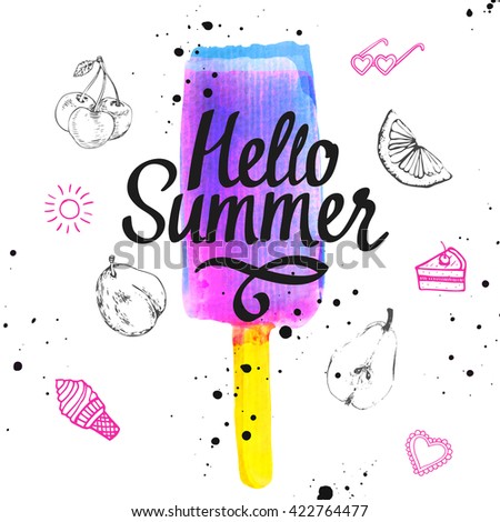 Watercolor illustration with ice cream on a stick. Poster with cold dessert. White background. Berry flavor sorbet. Sweet Popsicle. Hello summer. 