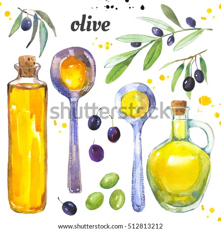 Olives and bottle of olive oil. Watercolor illustration with mediterranean tradition food in painting technique.