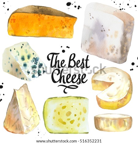 Watercolor illustration with different noble cheeses: camembert, gouda, parmesan, blue, edammer, maasdam, brie, roquefort. Snack bar. Farm dairy products. Fresh organic food. Drawings for magazine.