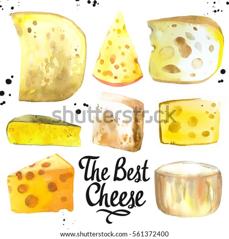 Watercolor illustration with different noble cheeses: camembert, gouda, parmesan, blue, edammer, maasdam, brie, roquefort. Snack bar. Farm dairy products. Fresh organic food.
