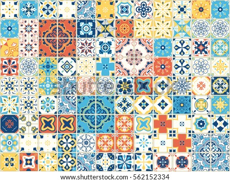 Portuguese tiles. Vector illustration of Azulejo on white background. Mediterranean style. Multicolor design.