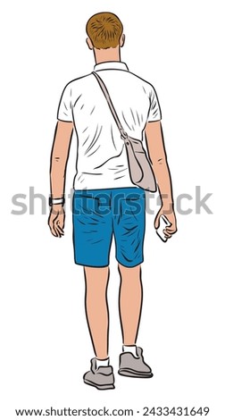 Young casual one city man with smartphone in hand in shorts walking  outdoors on summer day back view vector outline drawing isolated on white