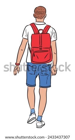 Young casual one city man with red backpack in shorts walking  outdoors on summer day vector outline drawing isolated on white