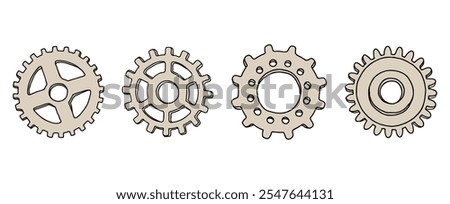 Gear wheels different, outline vector drawings isolated on white