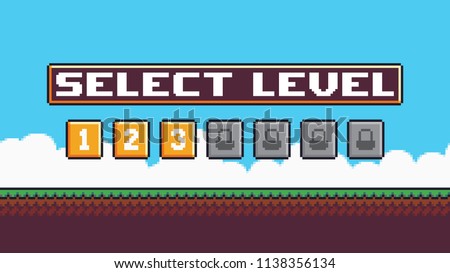 Pixel art level select screen with grass terrain, sky, clouds, buttons with numbers, locks and select level bar