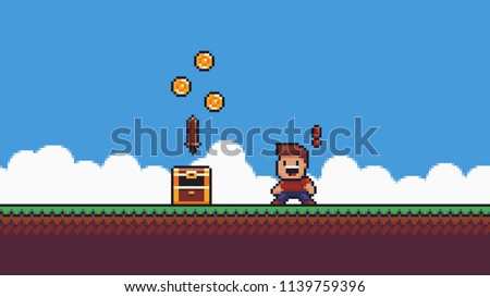 Pixel art scene. Grass, sky, clouds, happy surprised male character with red exclamation mark, open chest with coins and wooden sword