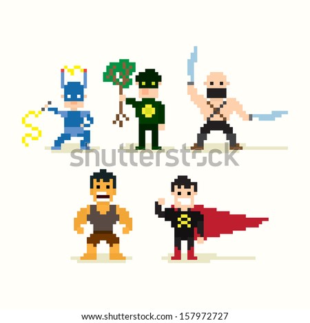 Set of pixel art posing superheroes