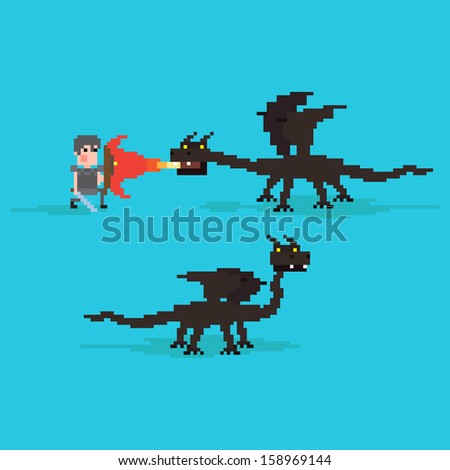 Pixel art warrior fighting against the dragon